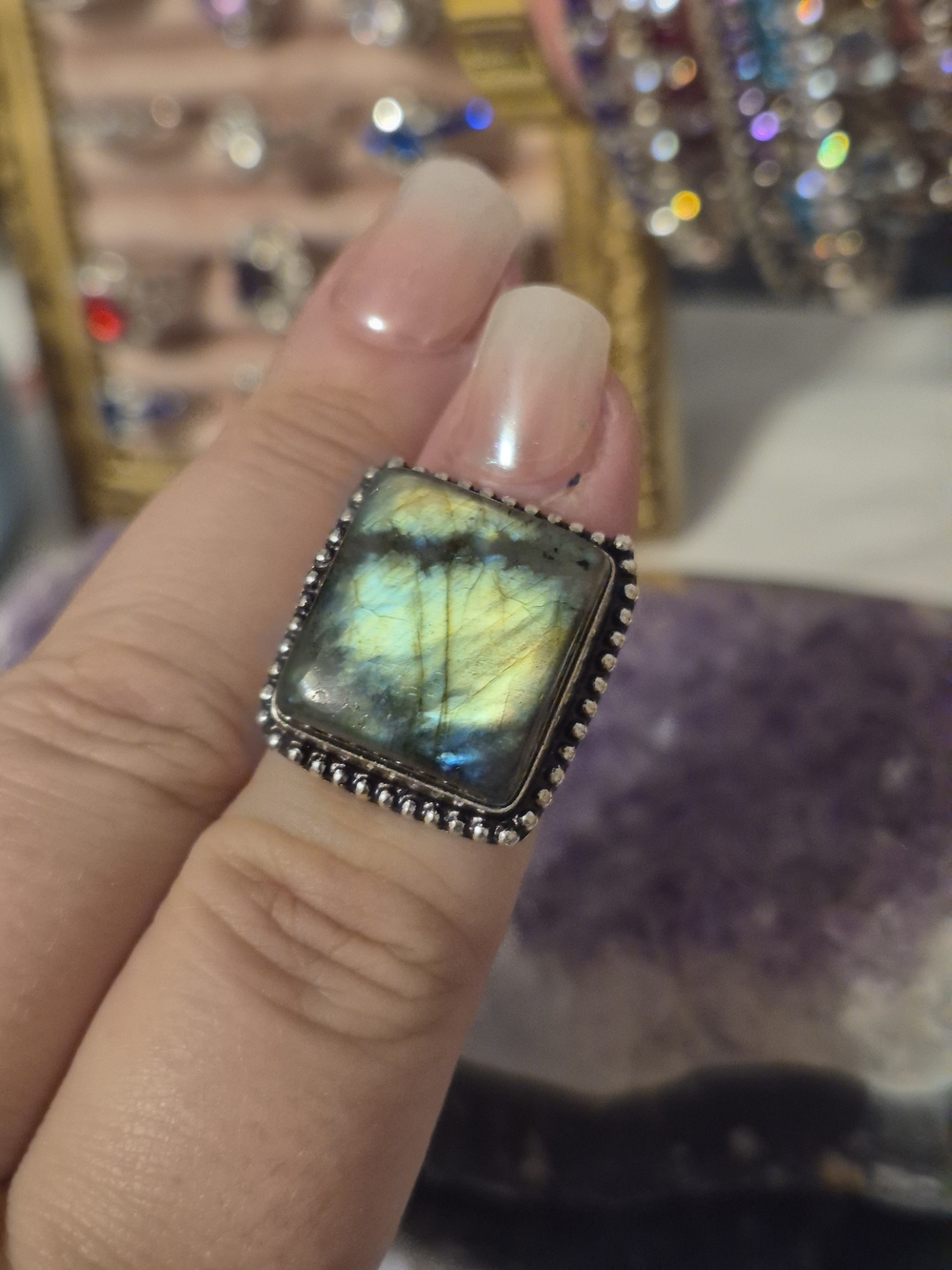 Labradorite Square Statement Ring in Blue-Green - Women Jewelry